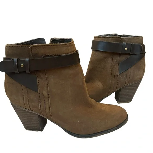 Franco Sarto Leather Dotty Booties Stacked Heel Round Toe Side Zip Brown Size 6 - Picture 5 of 9